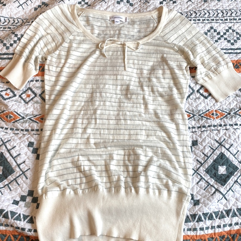 Calvin Klein short sleeve glitter striped top with bow. Size Medium